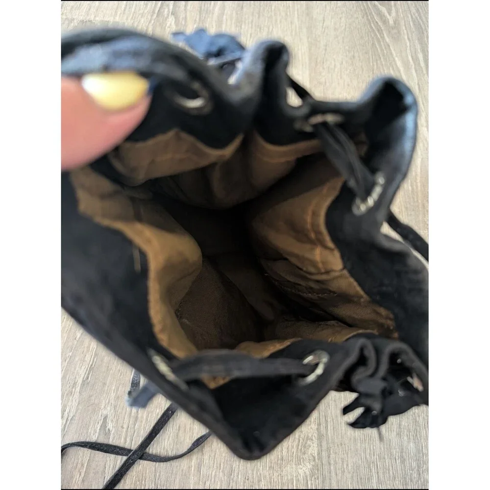 Embroidered Drawstring Suede Floral Bucket Bag - Black & Brown with Blue Flowers